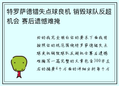 特罗萨德错失点球良机 销毁球队反超机会 赛后遗憾难掩